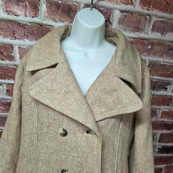 Montgomery Ward Overcoat 46R | Vintage Double Breasted Classic Khaki - Picture 4 of 9